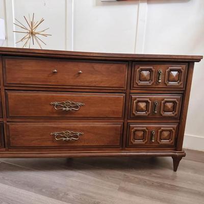 Vintage Mid Century 9-Drawer Dresser Credenza w/Sculptural Facade, Brass Hardware & Tapered Legs