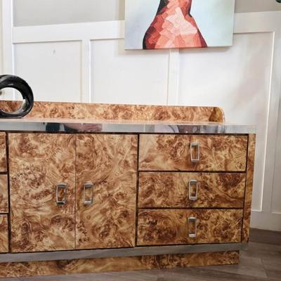 Vintage Postmodern Cubic Burl Wood Laminate 9-Drawer Dresser Credenza w/Chrome Detailing & Hardware