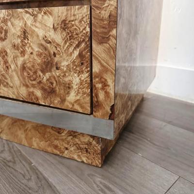 Vintage Postmodern Cubic Burl Wood Laminate 9-Drawer Dresser Credenza w/Chrome Detailing & Hardware