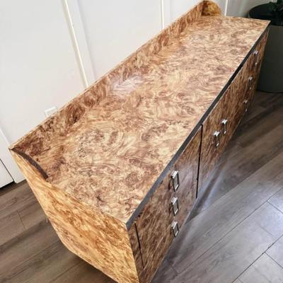 Vintage Postmodern Cubic Burl Wood Laminate 9-Drawer Dresser Credenza w/Chrome Detailing & Hardware