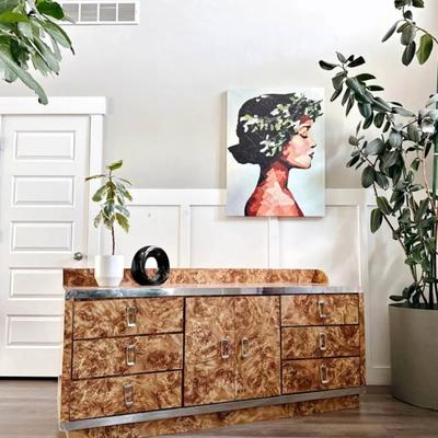 Vintage Postmodern Cubic Burl Wood Laminate 9-Drawer Dresser Credenza w/Chrome Detailing & Hardware