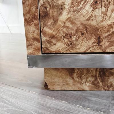 Vintage Postmodern Cubic Burl Wood Laminate 9-Drawer Dresser Credenza w/Chrome Detailing & Hardware