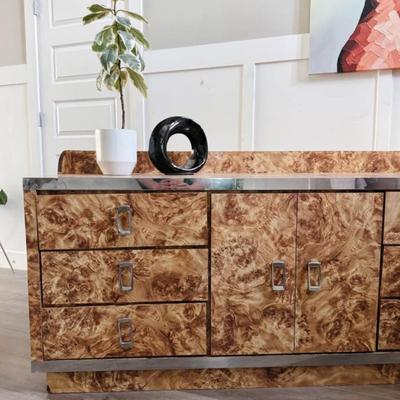 Vintage Postmodern Cubic Burl Wood Laminate 9-Drawer Dresser Credenza w/Chrome Detailing & Hardware