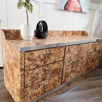 Vintage Postmodern Cubic Burl Wood Laminate 9-Drawer Dresser Credenza w/Chrome Detailing & Hardware