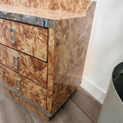 Vintage Postmodern Cubic Burl Wood Laminate 9-Drawer Dresser Credenza w/Chrome Detailing & Hardware