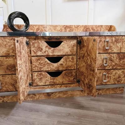 Vintage Postmodern Cubic Burl Wood Laminate 9-Drawer Dresser Credenza w/Chrome Detailing & Hardware