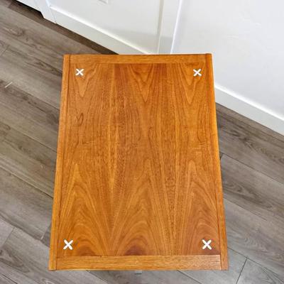 Vintage Mid Century 1970’s Walnut End Side Table Nightstand w/Tapered Legs & Aluminum Inlays & Handle by American of Martinsville