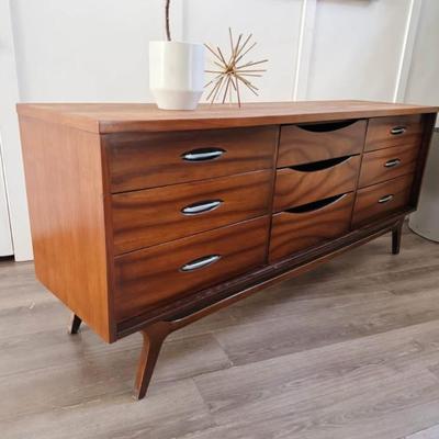 Vintage Mid Century 9-Drawer Walnut Dresser Credenza w/Chrome Hardware & Sculptural Legs by Hooker