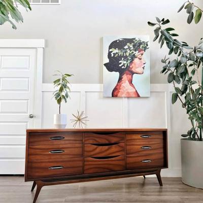Vintage Mid Century 9-Drawer Walnut Dresser Credenza w/Chrome Hardware & Sculptural Legs by Hooker
