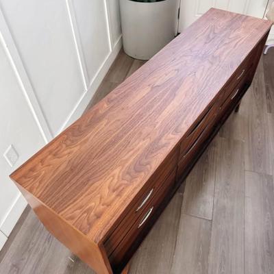 Vintage Mid Century 9-Drawer Walnut Dresser Credenza w/Chrome Hardware & Sculptural Legs by Hooker