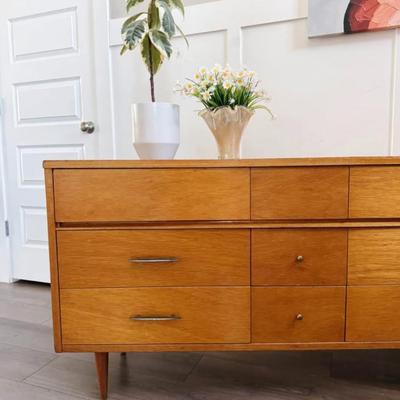 Vintage Mid Century 9-Drawer Maple Dresser Credenza w/Original Brass Hardware & Tapered Legs