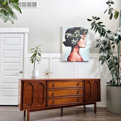 Vintage Mid Century 9-Drawer Walnut Dresser Credenza w/Sculptural Drawer Facades, Original Brass Drop Hardware & Tapered Legs by Dixie