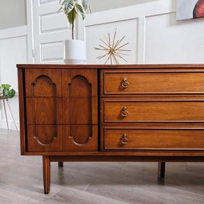 Vintage Mid Century 9-Drawer Walnut Dresser Credenza w/Sculptural Drawer Facades, Original Brass Drop Hardware & Tapered Legs by Dixie