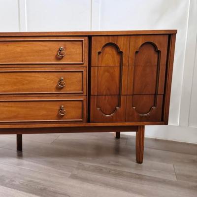 Vintage Mid Century 9-Drawer Walnut Dresser Credenza w/Sculptural Drawer Facades, Original Brass Drop Hardware & Tapered Legs by Dixie
