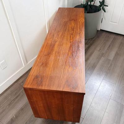 Vintage Mid Century 9-Drawer Walnut Dresser Credenza w/Sculptural Drawer Facades, Original Brass Drop Hardware & Tapered Legs by Dixie