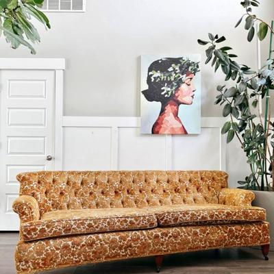 Vintage Mid Century Orange & Mustard Floral Burnout Velvet Button Tufted Sofa Couch w/Castered Tapered Legs