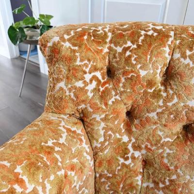 Vintage Mid Century Orange & Mustard Floral Burnout Velvet Button Tufted Sofa Couch w/Castered Tapered Legs