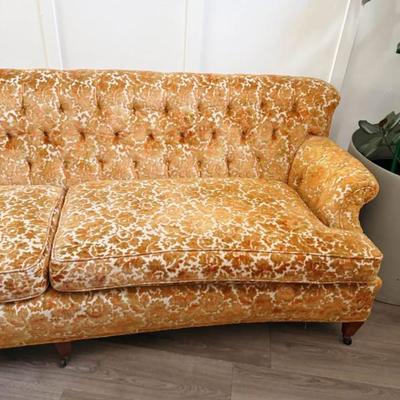 Vintage Mid Century Orange & Mustard Floral Burnout Velvet Button Tufted Sofa Couch w/Castered Tapered Legs