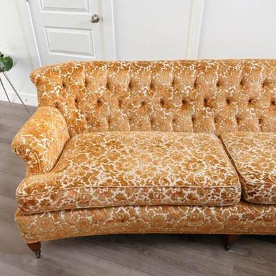 Vintage Mid Century Orange & Mustard Floral Burnout Velvet Button Tufted Sofa Couch w/Castered Tapered Legs