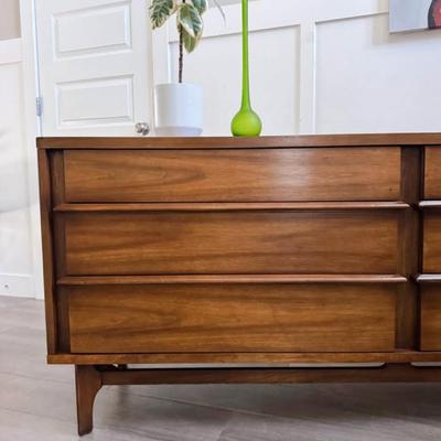Vintage Mid Century 6-Drawer Walnut Predicta Dresser Credenza w/Sculptural Wood Pulls & Sculptural Tapered Legs by Kent Coffey