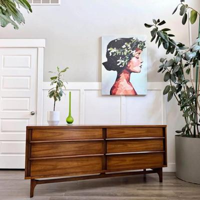 Vintage Mid Century 6-Drawer Walnut Predicta Dresser Credenza w/Sculptural Wood Pulls & Sculptural Tapered Legs by Kent Coffey