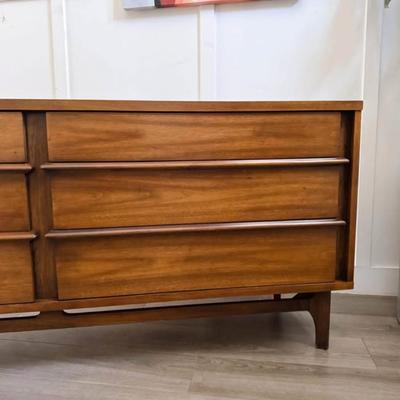 Vintage Mid Century 6-Drawer Walnut Predicta Dresser Credenza w/Sculptural Wood Pulls & Sculptural Tapered Legs by Kent Coffey