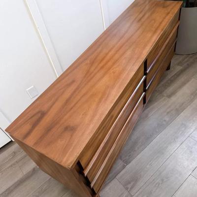 Vintage Mid Century 6-Drawer Walnut Predicta Dresser Credenza w/Sculptural Wood Pulls & Sculptural Tapered Legs by Kent Coffey