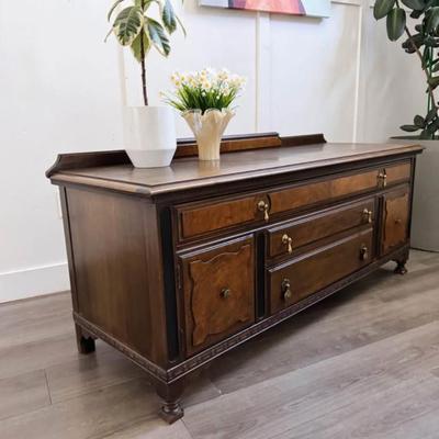 Antique 3-Drawer 2-Door Art Deco Sideboard Buffet w/Burl Facade & Hand-carved Skirt