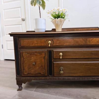 Antique 3-Drawer 2-Door Art Deco Sideboard Buffet w/Burl Facade & Hand-carved Skirt