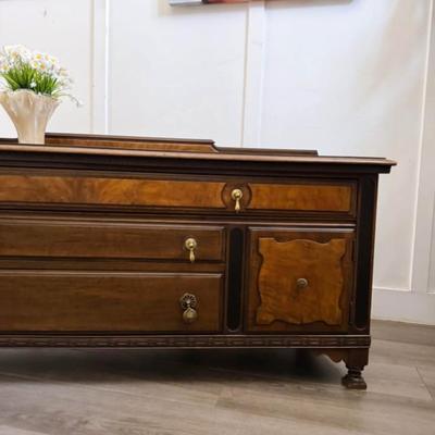Antique 3-Drawer 2-Door Art Deco Sideboard Buffet w/Burl Facade & Hand-carved Skirt