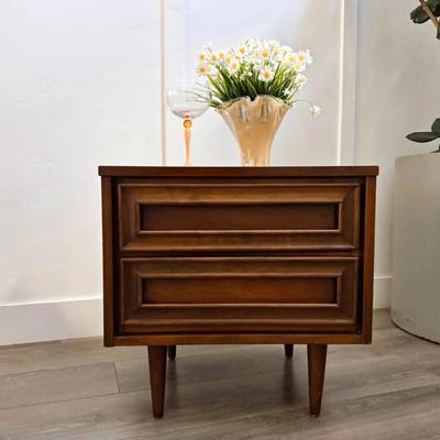 Pair of Vintage Mid Century 2-Drawer Encased Framed Facade Walnut Nightstands w/Tapered Legs by Union Made