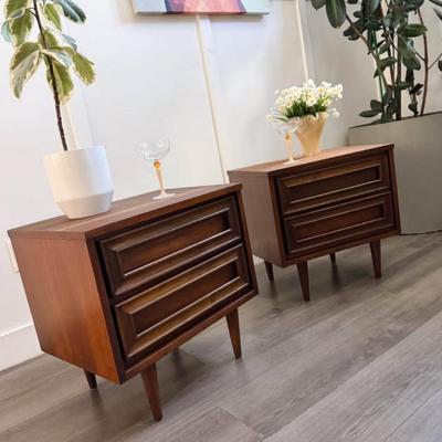 Pair of Vintage Mid Century 2-Drawer Encased Framed Facade Walnut Nightstands w/Tapered Legs by Union Made