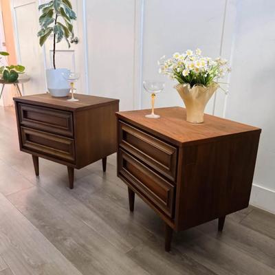 Pair of Vintage Mid Century 2-Drawer Encased Framed Facade Walnut Nightstands w/Tapered Legs by Union Made