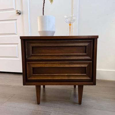 Pair of Vintage Mid Century 2-Drawer Encased Framed Facade Walnut Nightstands w/Tapered Legs by Union Made