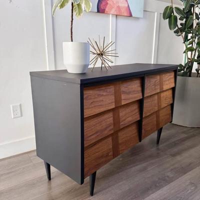 Vintage Mid Century 6-Drawer Walnut Parquet Stripe Louvered Drawer Dresser Credenza w/Tapered Legs & Black Finished Frame by Ward...