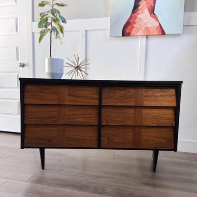 Vintage Mid Century 6-Drawer Walnut Parquet Stripe Louvered Drawer Dresser Credenza w/Tapered Legs & Black Finished Frame by Ward...