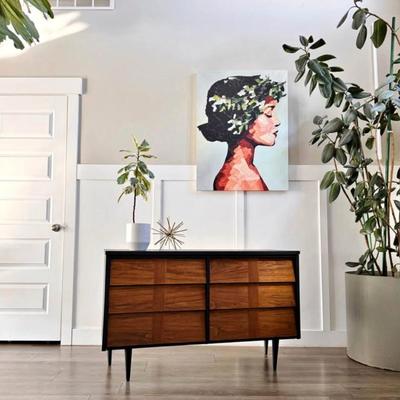 Vintage Mid Century 6-Drawer Walnut Parquet Stripe Louvered Drawer Dresser Credenza w/Tapered Legs & Black Finished Frame by Ward...
