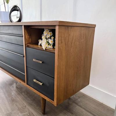 Vintage Mid Century 2-Cubby, 7-Drawer Dresser Credenza w/Sculptural Wood Pulls, Original Brass Hardware & Tapered Legs by Bassett