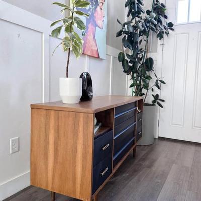 Vintage Mid Century 2-Cubby, 7-Drawer Dresser Credenza w/Sculptural Wood Pulls, Original Brass Hardware & Tapered Legs by Bassett