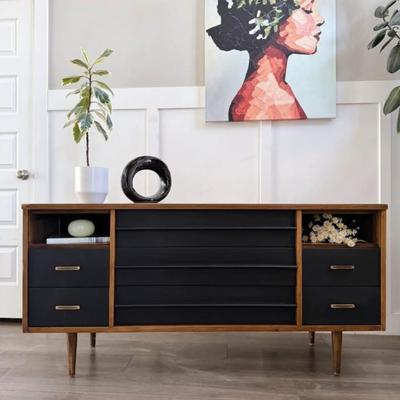 Vintage Mid Century 2-Cubby, 7-Drawer Dresser Credenza w/Sculptural Wood Pulls, Original Brass Hardware & Tapered Legs by Bassett