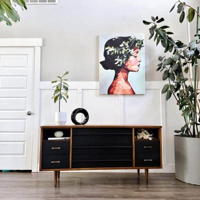 Vintage Mid Century 2-Cubby, 7-Drawer Dresser Credenza w/Sculptural Wood Pulls, Original Brass Hardware & Tapered Legs by Bassett