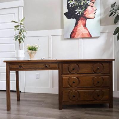 Antique 18th Century French Louis XVI Oak 4-Drawer Desk w/Carved Circle Facade