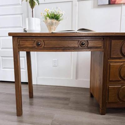 Antique 18th Century French Louis XVI Oak 4-Drawer Desk w/Carved Circle Facade
