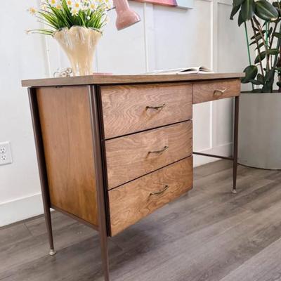 Vintage Mid Century 4-Drawer Writing Desk w/Brass Hardware & Tapered Metal Legs