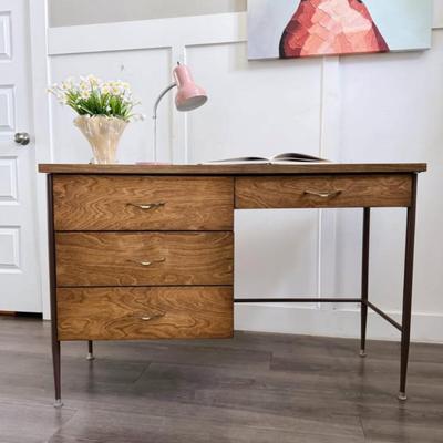 Vintage Mid Century 4-Drawer Writing Desk w/Brass Hardware & Tapered Metal Legs