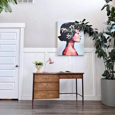 Vintage Mid Century 4-Drawer Writing Desk w/Brass Hardware & Tapered Metal Legs
