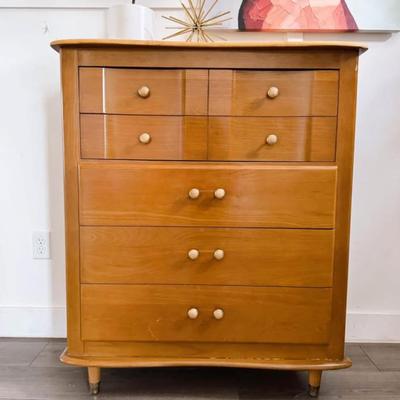 Vintage Mid Century 5-Drawer Highboy Dresser w/Sculptural Top & Footer, Brass & Wood Pulls & Tapered Legs by LA Period Furniture