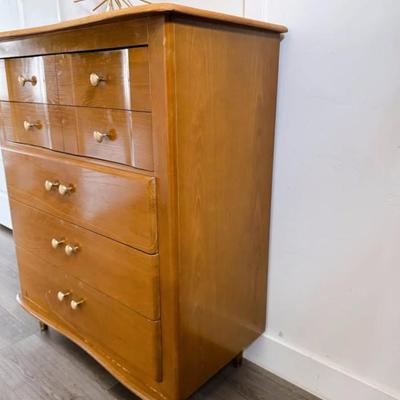 Vintage Mid Century 5-Drawer Highboy Dresser w/Sculptural Top & Footer, Brass & Wood Pulls & Tapered Legs by LA Period Furniture