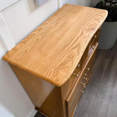 Vintage Mid Century 5-Drawer Highboy Dresser w/Sculptural Top & Footer, Brass & Wood Pulls & Tapered Legs by LA Period Furniture