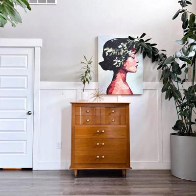 Vintage Mid Century 5-Drawer Highboy Dresser w/Sculptural Top & Footer, Brass & Wood Pulls & Tapered Legs by LA Period Furniture